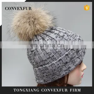 Winter Lady Knit Beanie Hat With Real Raccoon Fur Ball thumbnail-1