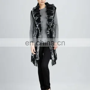 Beautiful Rex Rabbit Fur Long Knitted Vest /dyed Black&whitebeautiful Rex Rabbit Fur Long Knitted Vest /dyed Black&white thumbnail-1