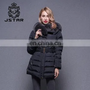 Cheap Black Waist Fed Down Feather Fur Collar Coat thumbnail-1