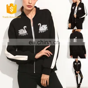 MIKA7139 White Striped Sleeve Swan Embroidered Bomber Jacket thumbnail-1