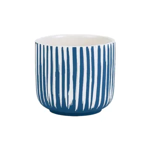 Blue And Yellow Stripe Large Hand Paint Ceramic Flower Pot For Study And Dining Room thumbnail-1