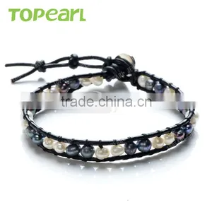 Topearl Jewelry Potato Shape White and Black Freshwater Pearl Bracelet Woven Leather Wrap 2016 Popular Beaded Bracelets CLL158 thumbnail-1
