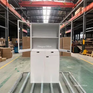 Heavy Duty Steel Filing Cabinet With 2 Glass Doors and Lower Iron Storage Cupboard | Electrostatic Spraying Lockable Organizer for Corporate Office thumbnail-1