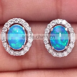 Fashion Created Gemstone 925 Sterling Silver Blue Fire Opal Stud Earring thumbnail-1