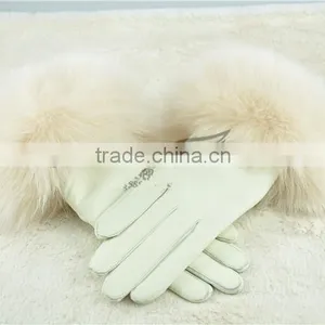 Top Luxury Fashion Desgin Beautiful Fox Fur Wrist Ladies Sheepskin Leather Gloves thumbnail-6