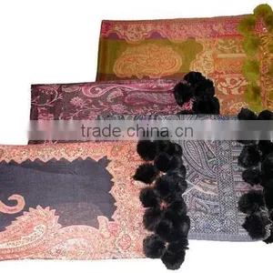 Wool Jamavar Shawls With Rabbit Fur Balls thumbnail-1