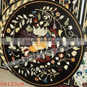 Black Inlaid Pietra Dura Round Table Top thumbnail-5