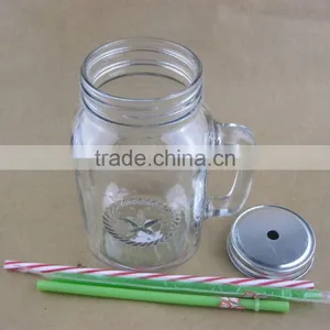 Glass Mason Jars , Drinking Jar , Glass Mason Jar With Handle and Metal Lid Straw thumbnail-2