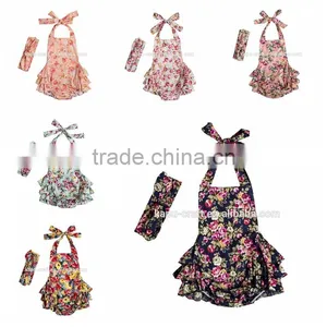 Wholesale Boutique Baby Girls Floral Prints Pretty Kids Summer Backless Rompers With Headband thumbnail-1