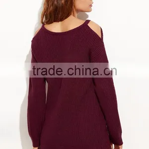 Custom V Neck Cold Shoulder Burgundy Sweater Cotton Polyester Blends Drop Shoulder Sweatshirt thumbnail-5