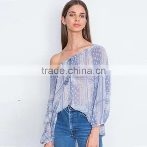 Fringed Drawstring Elastic Neckline Sheer Georgette Peasant Blouse thumbnail-2