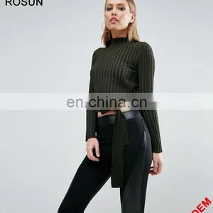 Rosun Newest Designs Collection Turtleneck Tie Waist Partten Ribbed Knit Jumper thumbnail-1