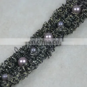 Fashion Black Embroidery Lurex Beaded Pearl Lace Trim Designs thumbnail-5