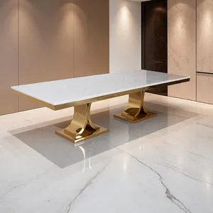 Luxury Stainless Steel Frame Sintered Stone Natural Marble Top Household Dining Table For Villa Hotel Wholesale thumbnail-2