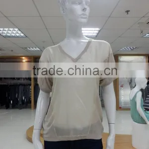 Ladies v Neck Short Sleeve 100%linen Like Knitwear With Linking Seam Outside thumbnail-1