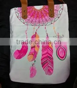 Hmong Indian Tote Neon White Canvas Bag Feather Pattern thumbnail-1