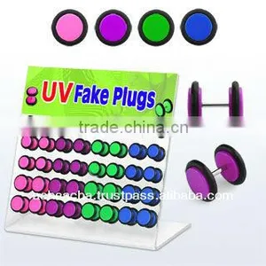 Display With 40 Pcs of UV Acrylic Illusion Fake Plugs With Rubber O-rings in Assorted Colors and Sizes ( 6,8,10mm) thumbnail-1