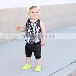 (CT204#black)New Design Cotton Knitted Summer Sleeveless t Shirt Black Leather Short 2pc Boy Summer Outfit Sets for Children thumbnail-2