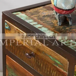INDIAN IRON BASE RECYCLE WOOD 6 DRAWERS CHEST thumbnail-3