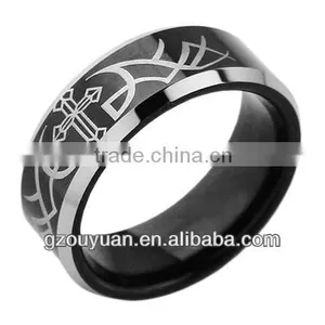 8MM Black Tungsten Wedding Band Ring Laser Etched Cross and Thorn Design Sizes 4 To16 thumbnail-1