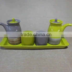 Ceramic Grey Green Oil Olive Vinegar Bottle Salt Pepper Set thumbnail-1