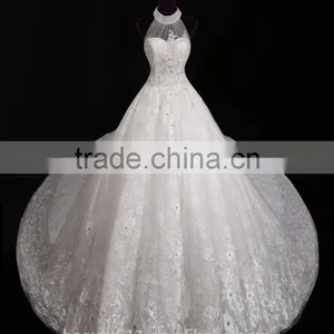 Latest Designs 2017 Elegant A-Line High Collar Cap Sleeve Floor-length Modest Beaded Lace Wedding Dress F13802 thumbnail-1