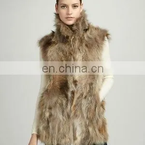 2015 Women Fashion Long Raccoon Dog Fur Vest, Natural thumbnail-1