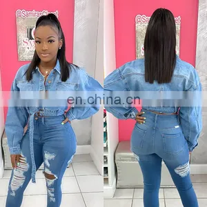 Short Jean Jacket Women Casual Denim Streetwear Long Sleeve Coat Fashion Clothes With Belt Fall Women Clothing Outerwear thumbnail-2