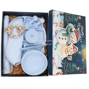 Platinum Silicone Baby Feeding Products Set Feeding Supplies With Suction Base Baby Bibs Spoon Fork Divider Plate thumbnail-2