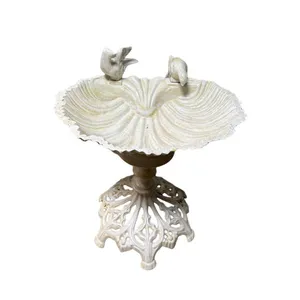 Heavy Duty Cast Iron Standing Bird Bath With 2 Decorative Birds Cream Shell thumbnail-1