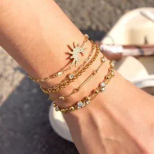 Gold Plated Layered Chain Bracelet for Women Sun Moon Charm Stainless Steel Bracelet Waterproof Adjustable Jewelry Wholesale thumbnail-5