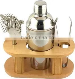 3Pieces Bar Set With Stainless Seetl Cocktail,ice Tongs,and Strainer,wood Base thumbnail-1