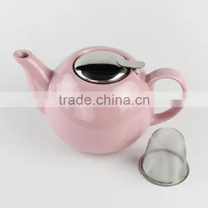 With S/S Lid and Fliter Pink Color Ceramic Teapot thumbnail-3