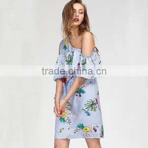 Oblique Shoulder Layered Dress, 2017 Ladies Blue Floral Print Dress thumbnail-2