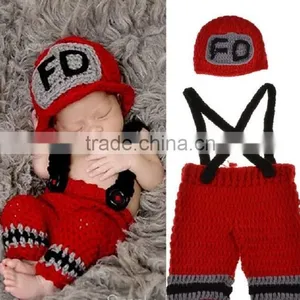 Newborn Baby Firefighter Fireman Red Hat Outfit, 2 pc Red Pant Set W/Suspenders, Photography Prop thumbnail-1