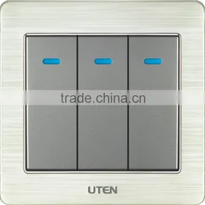 10A Wall Switch Socket LED 3 Gang 1 Way Hotel Home Use Aluminum Silver Gold 86*86mm thumbnail-1
