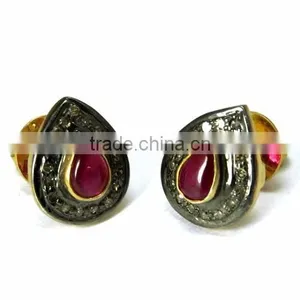 Cambridge !! Ruby & Diamond 925 Sterling Silver Earring, Studs SIlver Earring, 925 Sterling Silver Jewellery thumbnail-1