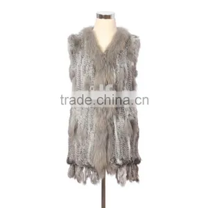 QDMJ006 Lady Clothes Long Knit Rabbit Fur Vest With Raccoon Dog Fur Collar For Women Clothing thumbnail-4