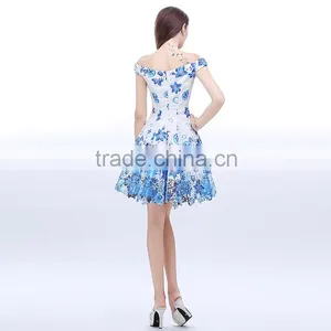 Wholesale Latest Blue and White A-line Printed Off Shoulder Dresses Quality Choice thumbnail-4