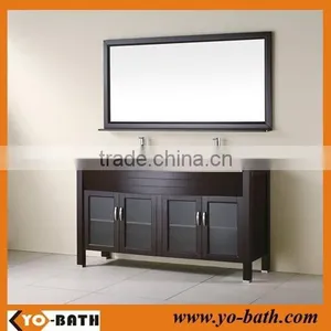 60 Inch Beige Marble Countertop Double Sink Bathroom Cabinet With Glass Door thumbnail-1