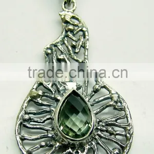 Green Amethyst Pear Oxidised Facet Pendant, 925 Solid Sterling Silver Pendants, Designer Bezel Casting Jaali Pendant thumbnail-2