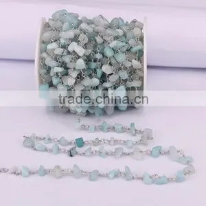 Blue Aquamarine Chip Beads Link Rosary Chains, Brass Silver Plated Wire Wrapped Chain thumbnail-1