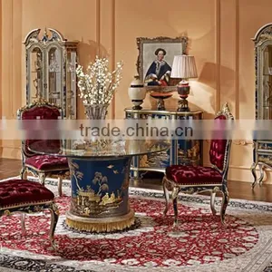 Retro Art Painting Home Furniture Dinning Room Set, Noble Blue Round Dinning Table With Chair/Sideboard thumbnail-1