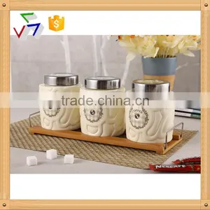3pcs Ceramic Canister Set With Embossed Design & Bamboo Stand thumbnail-1