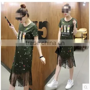 Guangzhou Wholesale Clothing OEM Black Print Short Sleeve Midi Tassels Dress thumbnail-3
