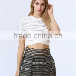 Accept Mini Quantity Order Factory Price New Fashion White Colour Stripe Women Crops Tops thumbnail-2