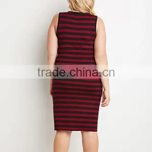 Women Plus Size Spoon Neck Sleeveless Tight Cotton Knit Stripe Tank Dress thumbnail-4