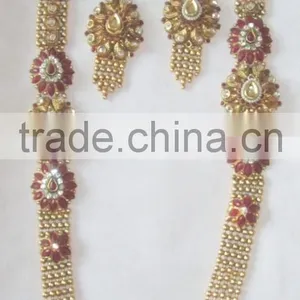GOLD Plated Polki Kundan Long Necklace EARRING Set thumbnail-1