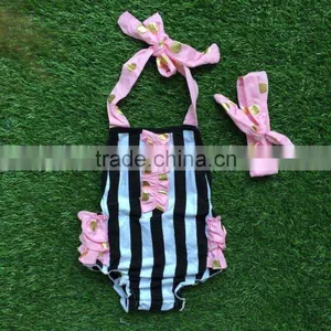 2016 New Baby Girls Kids Pink Gold Dot Stripe Romper Infant Clothing Baby Kids Wear With Matching Headband Set thumbnail-1