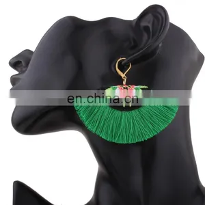Tribal Green Embroidered Tassel Earrings thumbnail-1